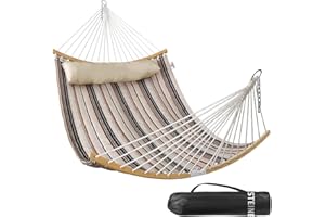 BATHONLY Double Hammock, 11 FT Quilted Fabric 2 Person Hammock for Outside with Pillow, Folding Curved Spreader Bar, Chains, Carrying Bag, Indoor Outdoor, 450 IB Capacity, Havana Brown