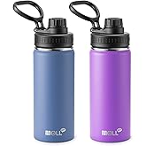 Mollcity Kids Water Bottle 2 Pack-16 oz Stainless Steel Double Wall Vacuum Insulated Wide Mouth Sports Water Bottle Flask with Leakproof Spout Lid (Royal Blue-Purple)