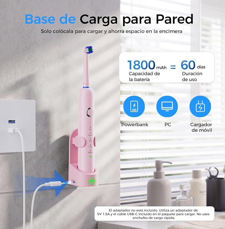 Cepillo de Dientes Eléctrico de Rotación para Adultos Niños, Rosa
