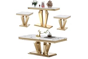 HOMVENT 3 Pieces Living Room Table Set, Faux Marble Coffee Table with 2 End Side Tables, Coffee Table Set with Stainless Steel Base Mirrored Finish for Home Office (White, Set of 4 Table Set-Diamond)