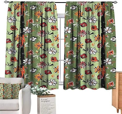 Amazon Co Jp Pricetextile 花柄カーテン 子供用 緑の抽象的な花 水玉模様 レトロスタイル 背景 装飾カーテン リビングルーム用 W55 X G39 140cm X 100cm ホーム キッチン