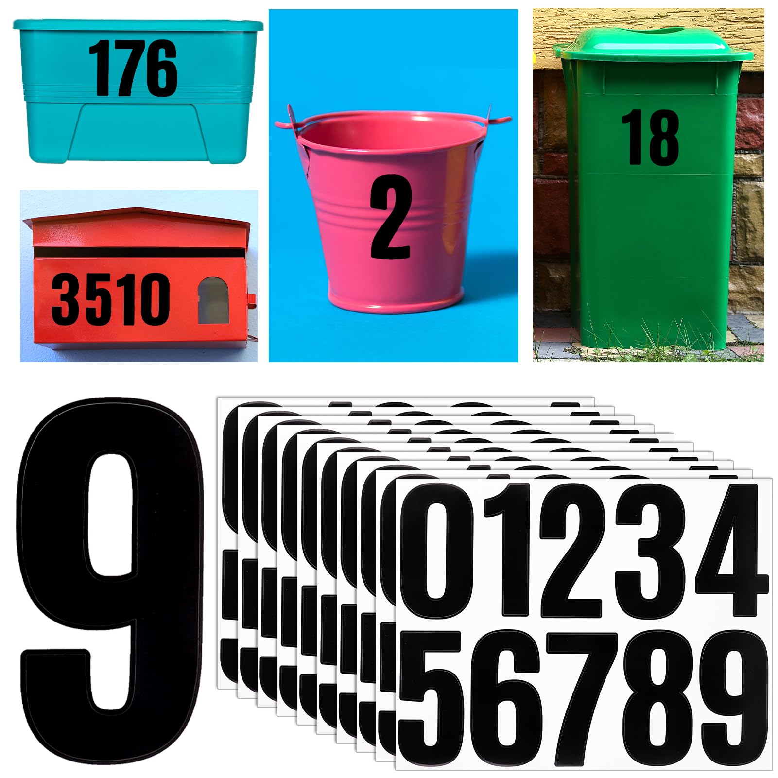 Zuimei 200 Pcs 10cm Large Number Stickers For Wheelie Bins Black Waterproof Stick On Numbers For Mailbox,Door,Window,Classroom,Residence,Car,Address Number