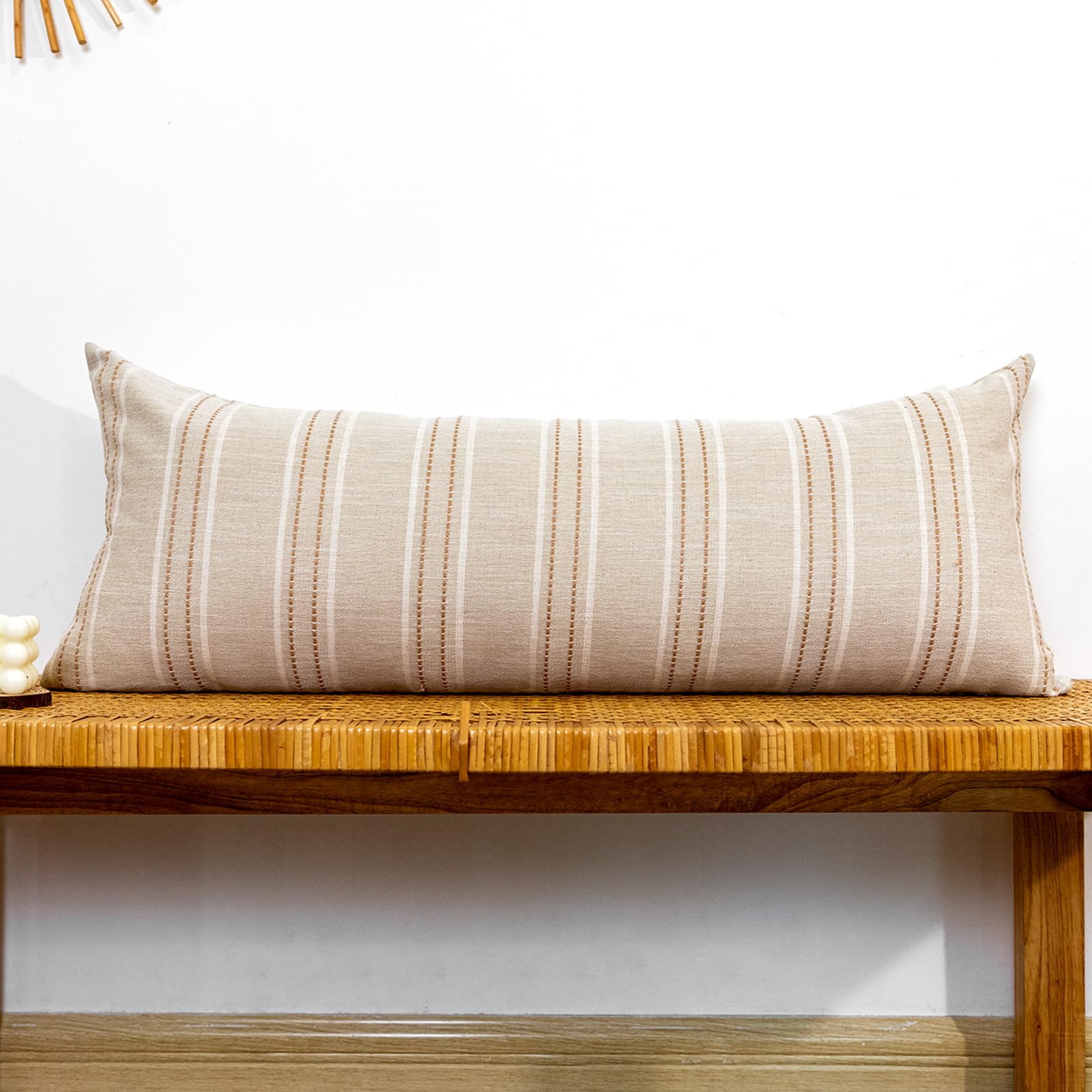 Photo 1 of (only one) JoraLion Natural Burlap Linen Throw Pillow Cover 14x36 inch, Khaki Striped Decorative Accent Pillowcase Farmhouse Cushion 
