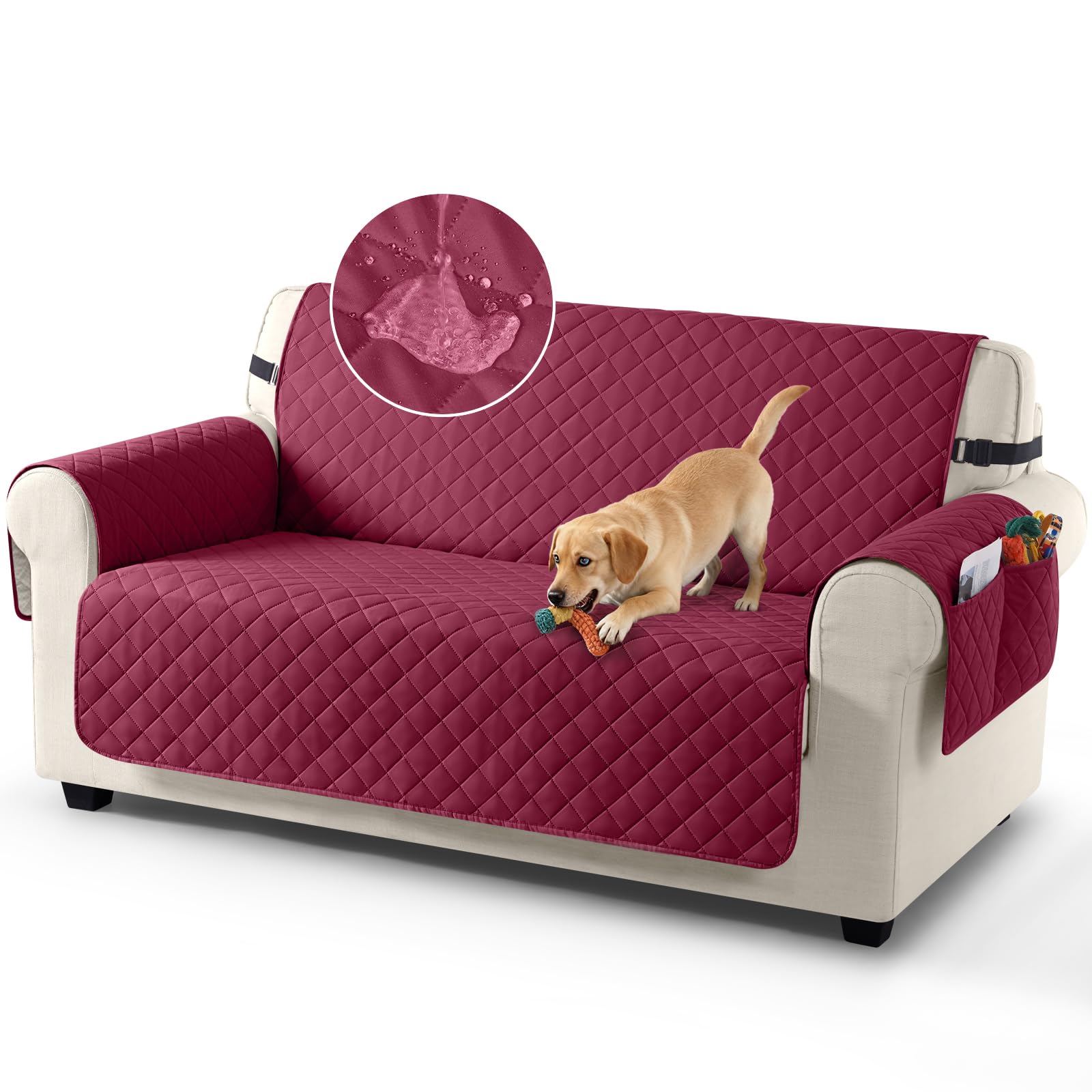 TAOCOCO Sofa Covers 100% Waterproof Sofa Slipcovers 2 Seater,Couch Covers with Storage Pockets,Anti Slip Settee Covers,Washable Sofa Protector for Kids/Dogs/Pets(Wine Red)
