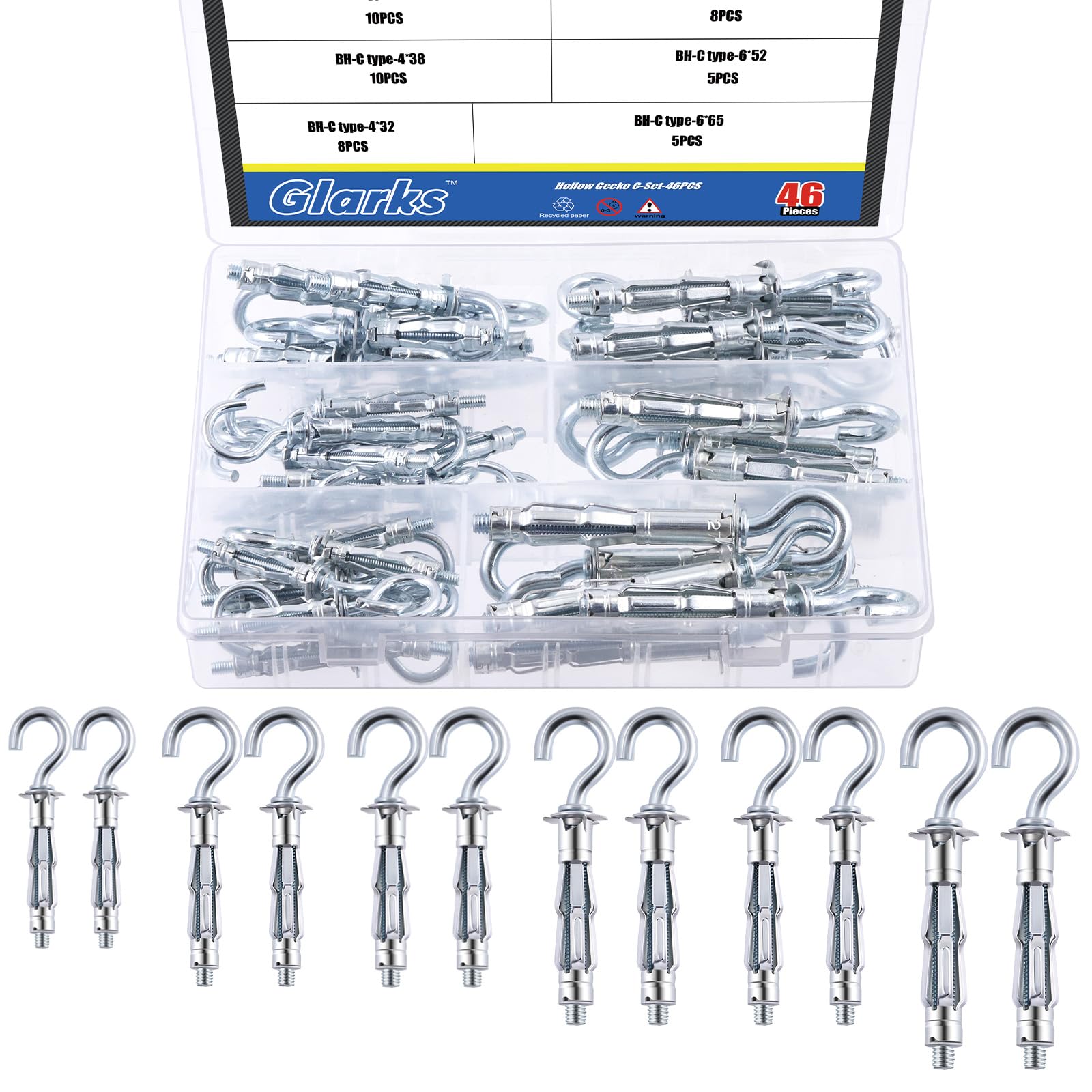 Glarks 47Pcs C-shaped Hollow Wall Anchors Set, 6 Sizes Hollow Door Anchors Expansion Nuts for Hollow Wall Metal Sheet Plastic Sheet