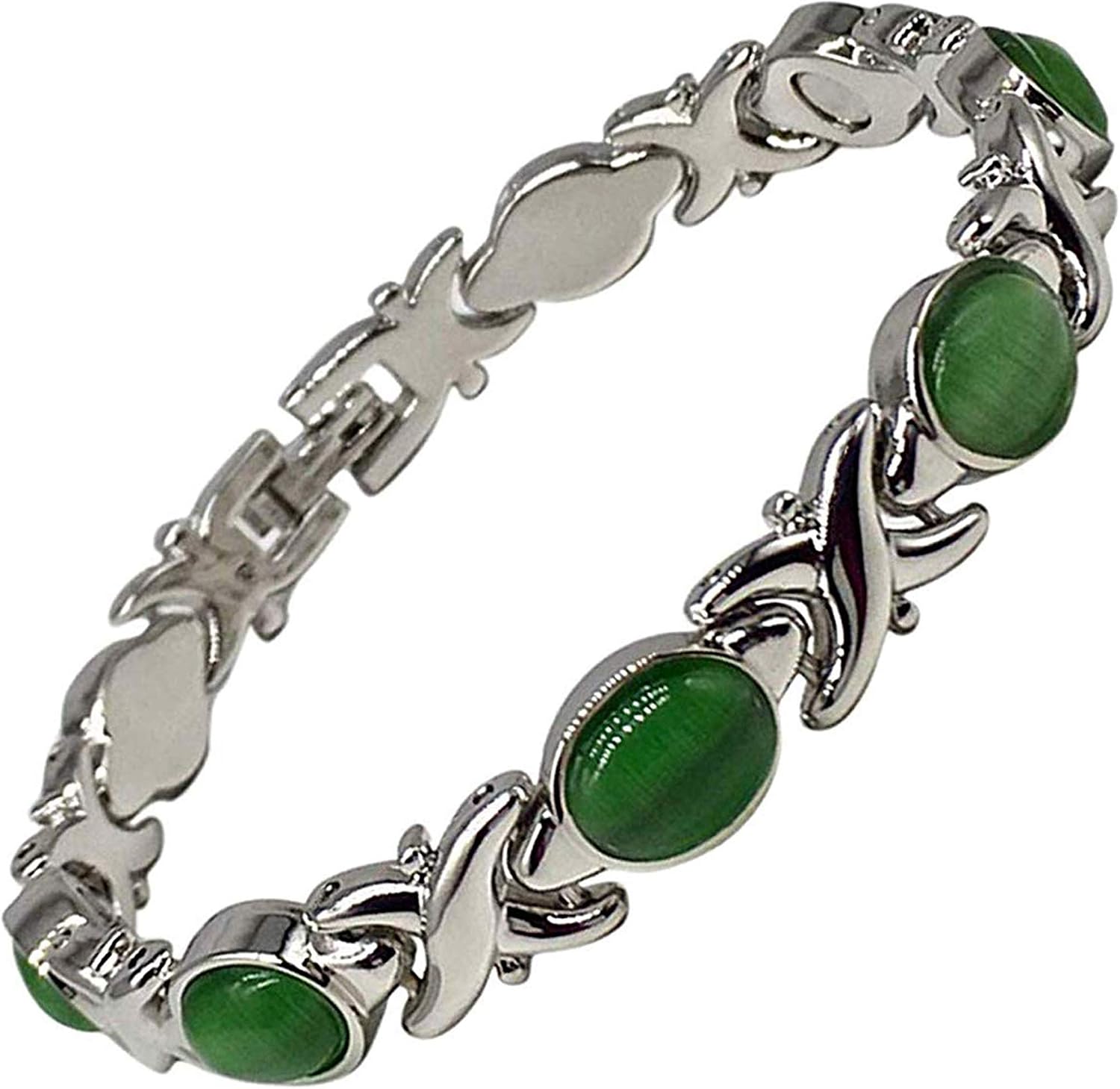 Helena Rose Ladies Magnetic Health Bracelet for Women - Green Cats Eye Semi Precious Stones - All Natural Pain Relief for Joint Stiffness - Includes Jewellery Gift Box