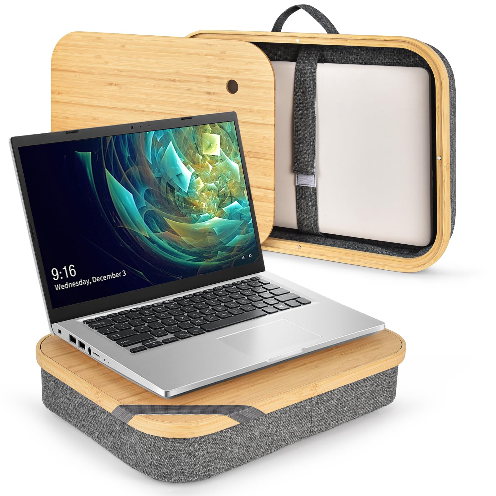 Photo 1 of Mayjoy Bamboo Lap Desk with Storage, Cover Removable Lap Desk for Lap, Computer Laptop Stand on Lap, Work on Bed or Couch, Write or Draw on Your Lap (Grey)