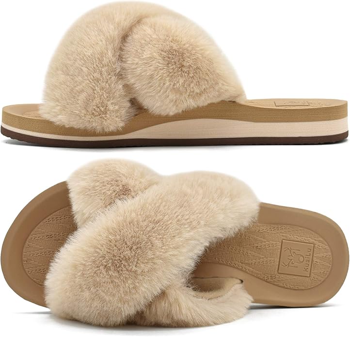 KUAILU Womens Fluffy Slippers Cosy Faux Fur Ladies House Slippers Hard