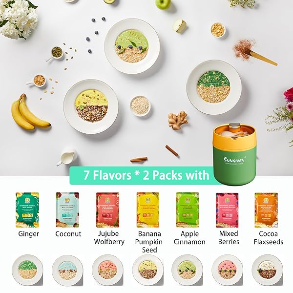 SUNGIVEN HIGH PROTEIN OVERNIGHT OATS WITH CONTAINER – 7 FLAVORS LOW SUGAR HIGH FIBER INSTANT OATMEAL HEALTH BREAKFAST SNACKS FOR GYM OFFICE SCHOOL TRIP KIDS WITH SUPERFOODS, 14-PACKS, 37 OZ