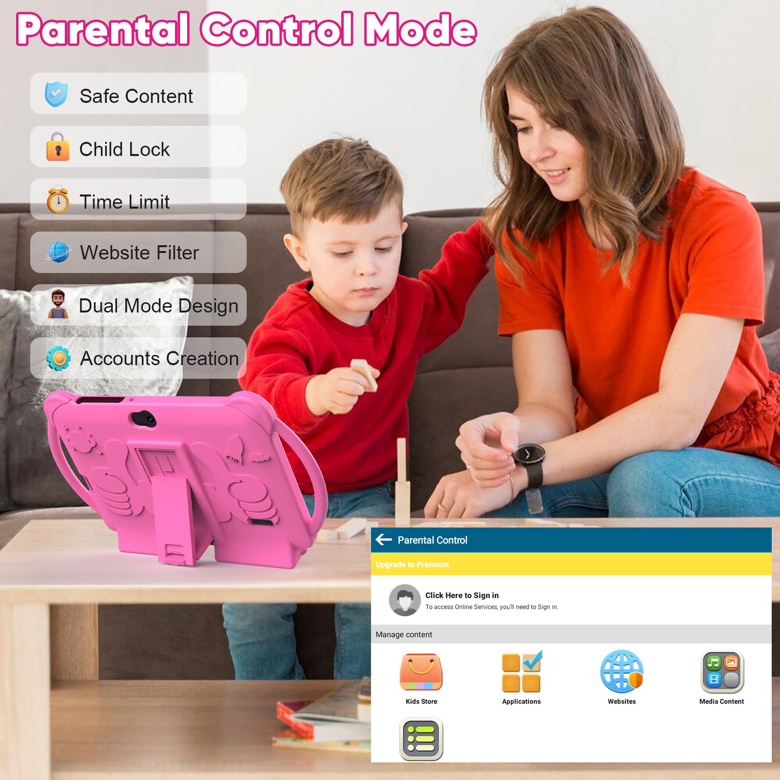 HOTTABLET Kids Tablet 7 inch Android 12, 4GB RAM 32GB ROM, 512GB Expandsion, with Parental Control, WiFi, Bluetooth, Dual Camera with Silicone Case, 1PCS(Pink)