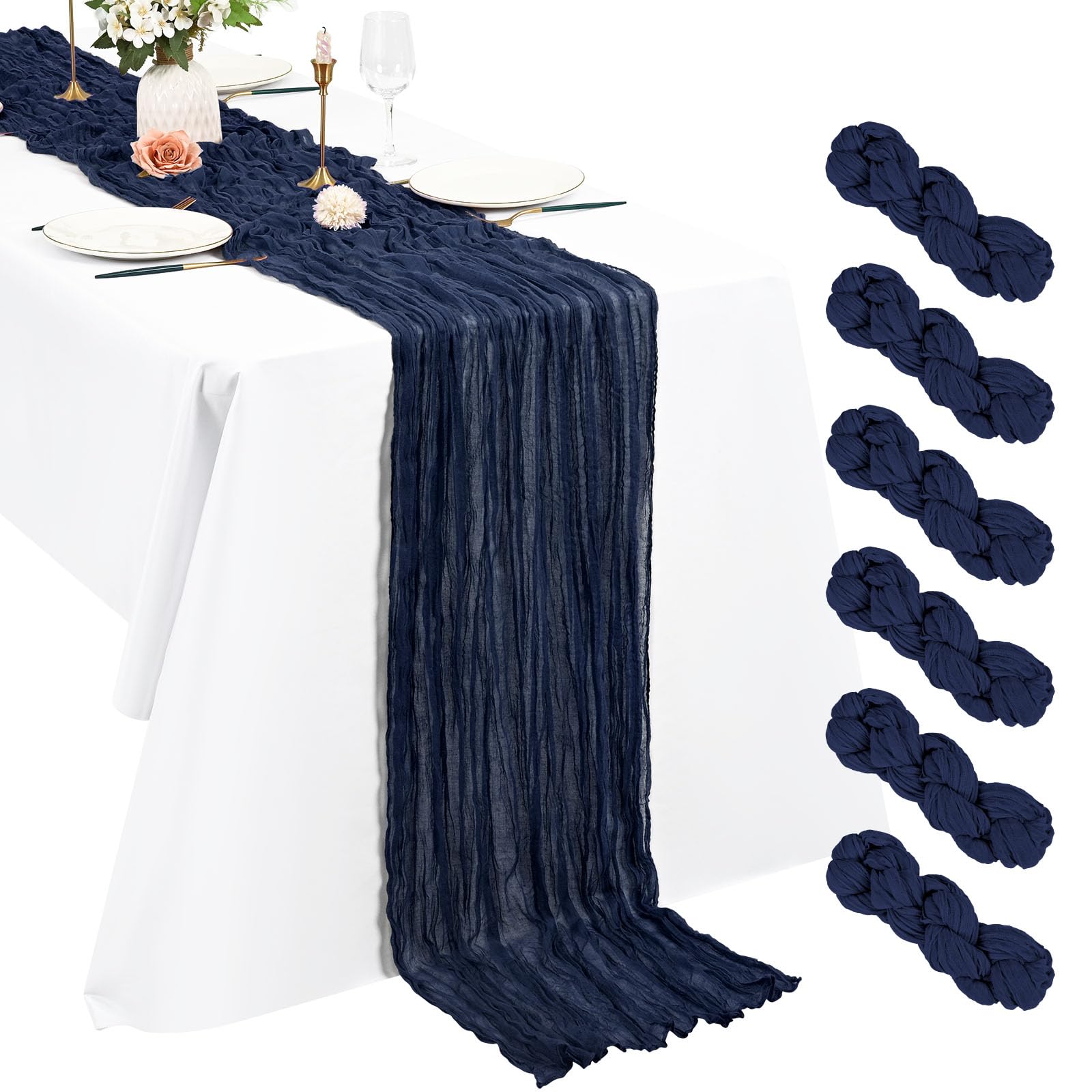 6 Pack Navy Blue Cheesecloth Table Runner, 10Ft Boho Gauze Runner 21120 Inch Rustic Romantic Long Runner for Wedding Party Bridal Shower Thanksgiving Christmas Decoration