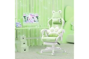 Vigosit Cute Gaming Chair with Cat Paw Lumbar Cushion and Cat Ears, Ergonomic Computer Chair with Footrest, Reclining PC Game Chair for Girl, Teen, Kids, Green