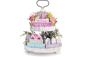 BFAZKXY 9PCS Easter Spring Decorations for The Home, Easter Spring Tiered Tray Decor Set for Rustic Kitchen Table Farmhouse Decor, Bunny Rabbit Eggs Wooden Spring Sign Decor