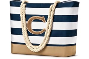 Becokan Initial Beach Bags for Women Waterproof Beach Tote Bag Zipper Travel Essentials Personalized Birthday Gifts for Her