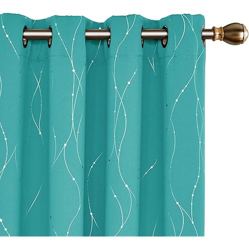 Deconovo Grommet Top Blackout Curtains Wave Line with Dots Foil Printed Light Blocking Window Draperies for Sliding Glass Door 52 x 95 Inch Turquoise 2 Panels