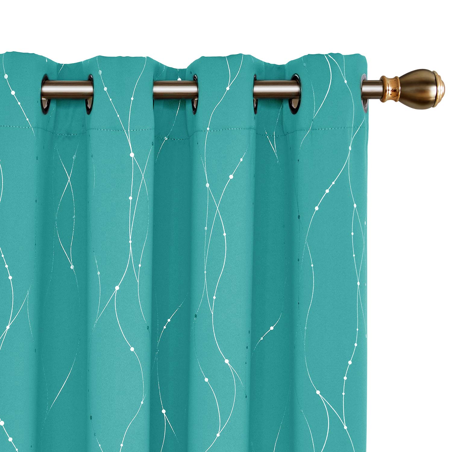 Deconovo Grommet Top Blackout Curtains Wave Line with Dots Foil Printed Light Blocking Window Draperies for Sliding Glass Door 52 x 54 Inch Turquoise 2 Panels