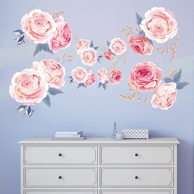decalmile Pink Rose Wall Stickers Removable Flower Wall Decals Bedroom Living Room Wall Art