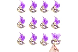 Hophen 24 Pieces Decorative Mini Masquerade Mask Party Decorations Luxury Feather Mardi Gras Venetian Mask Party Favors (Purple)