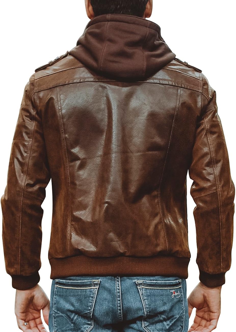 FLAVOR Men Brown Leather Motorcycle Jacket with Removable Hood at  Men’s Clothing store