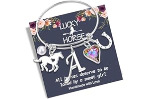 Anoup Horse Gifts for Girls - Horse Bracelets, 14K White/Rose Gold Plated Stainless Steel Bracelets | CZ Heart Horseshoe Initial Pearl | Horse Stuff | Birthday Day Gifts for Horse Lovers