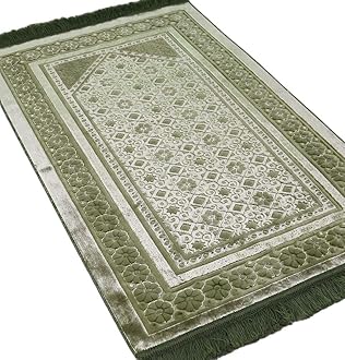 Modefa Velvet Prayer Rug with Prayer Beads Turkish Janamaz Sajadah Floral Stamp Luxury Plush (Green)