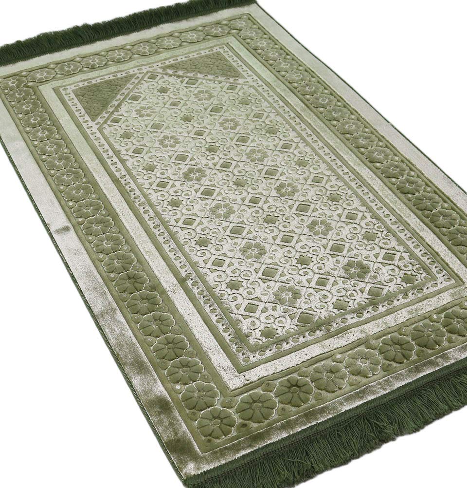 Modefa Velvet Prayer Rug with Prayer Beads Turkish Janamaz Sajadah Floral Stamp Luxury Plush (Green)