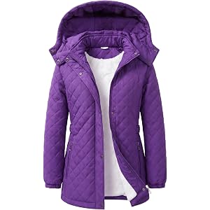 JiangWu Women's Long Fleece Lined Winter Coat -Stylish Diamond Quilted Warm Jacket with Removable Hood