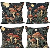 Mystic Forest Pillow Covers 18x18 inch Set of 4, Red Mushroom Moonlight Dark Fantasy Throw Pillow Covers Farmhouse Cushion Case Decor for Sofa Couch