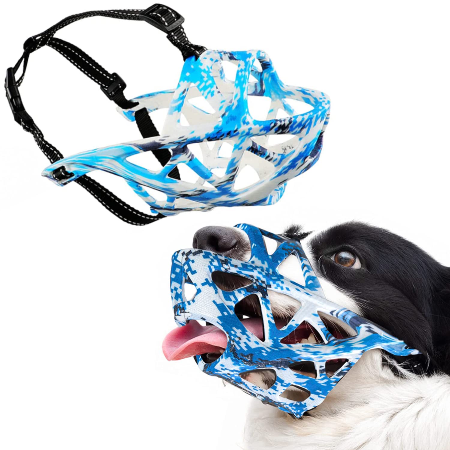 Dog Muzzle Soft Rubber Basket Breathable Muzzles Adjustable Straps for Small Medium Large Dogs Allow Drink Water Panting Anti-Biting Prevent Chewing Barking Fighting Pet Mouth Cover (XL,Blue White)