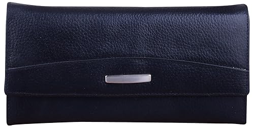 Genuine Leather womens classic brown wallet (clutch style) with 14 compartments (Black)