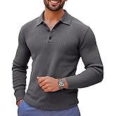 Runcati Mens Long Sleeve Polo Sweater Knit Polos V Neck Casual Dress Button Collared Pullover Sweaters