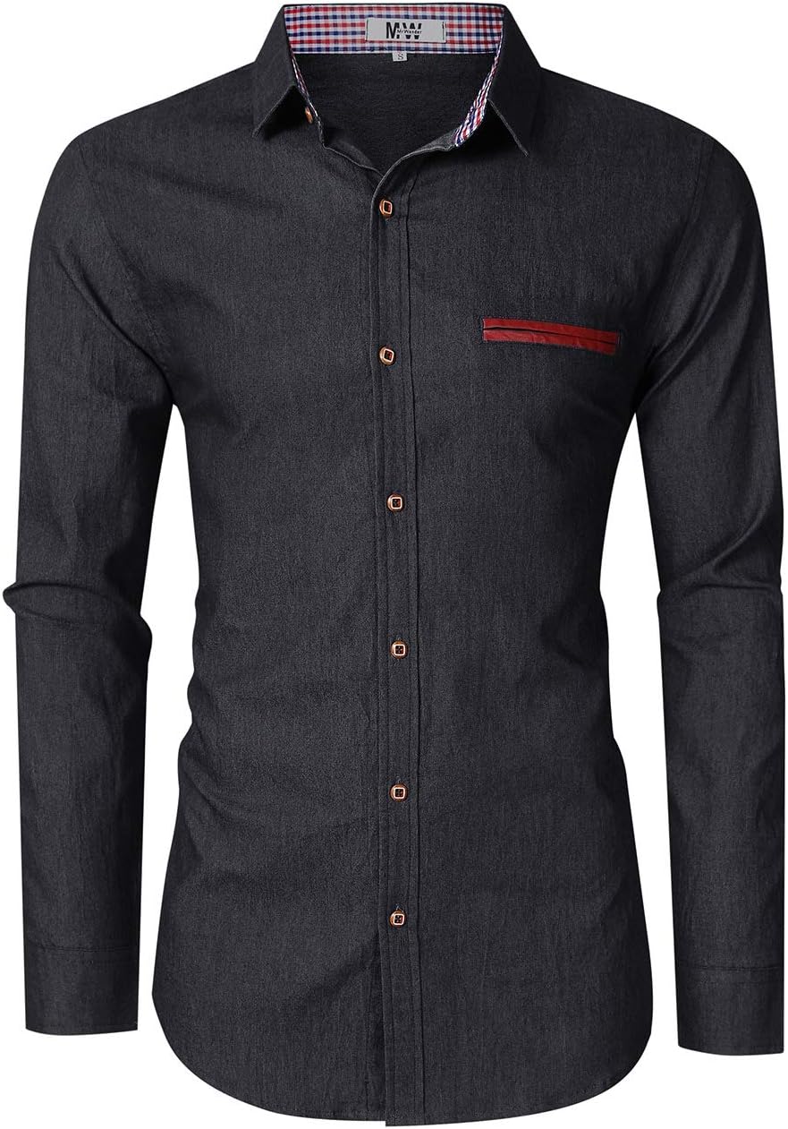 KUULEE Men's Button Down Jean Shirts Denim Work Shirt Slim Fit Dress Shirts Long/Short Sleeve Spring Shirt for Men