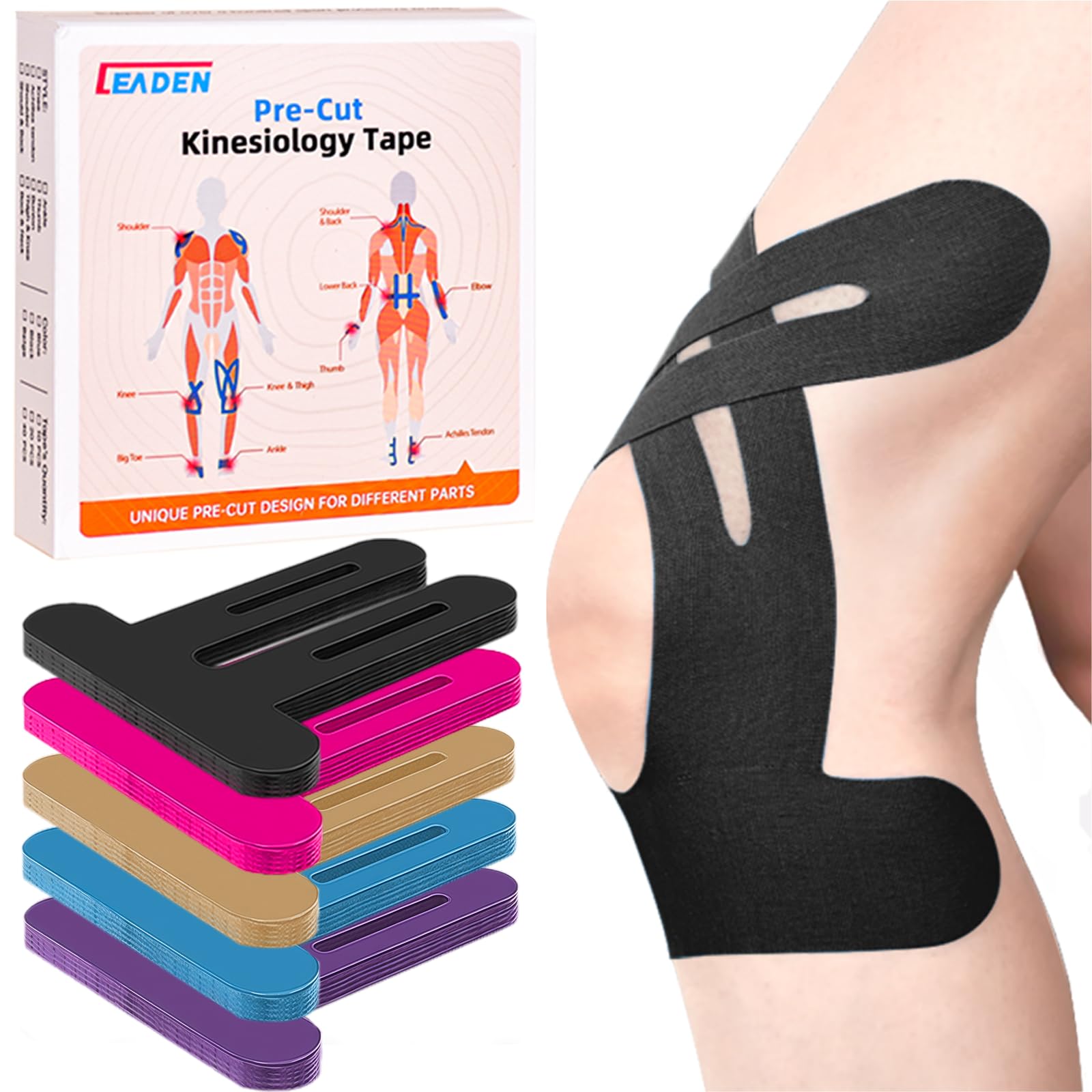 IEADEN Precut Kinesiology Tape for Knees, 10 Pcs - Knee Support & Stability, Knee Pain Relief Athletic Tape - Waterproof & Elastic, Breathable Hypoallergenic Latex-Free Tape, Black