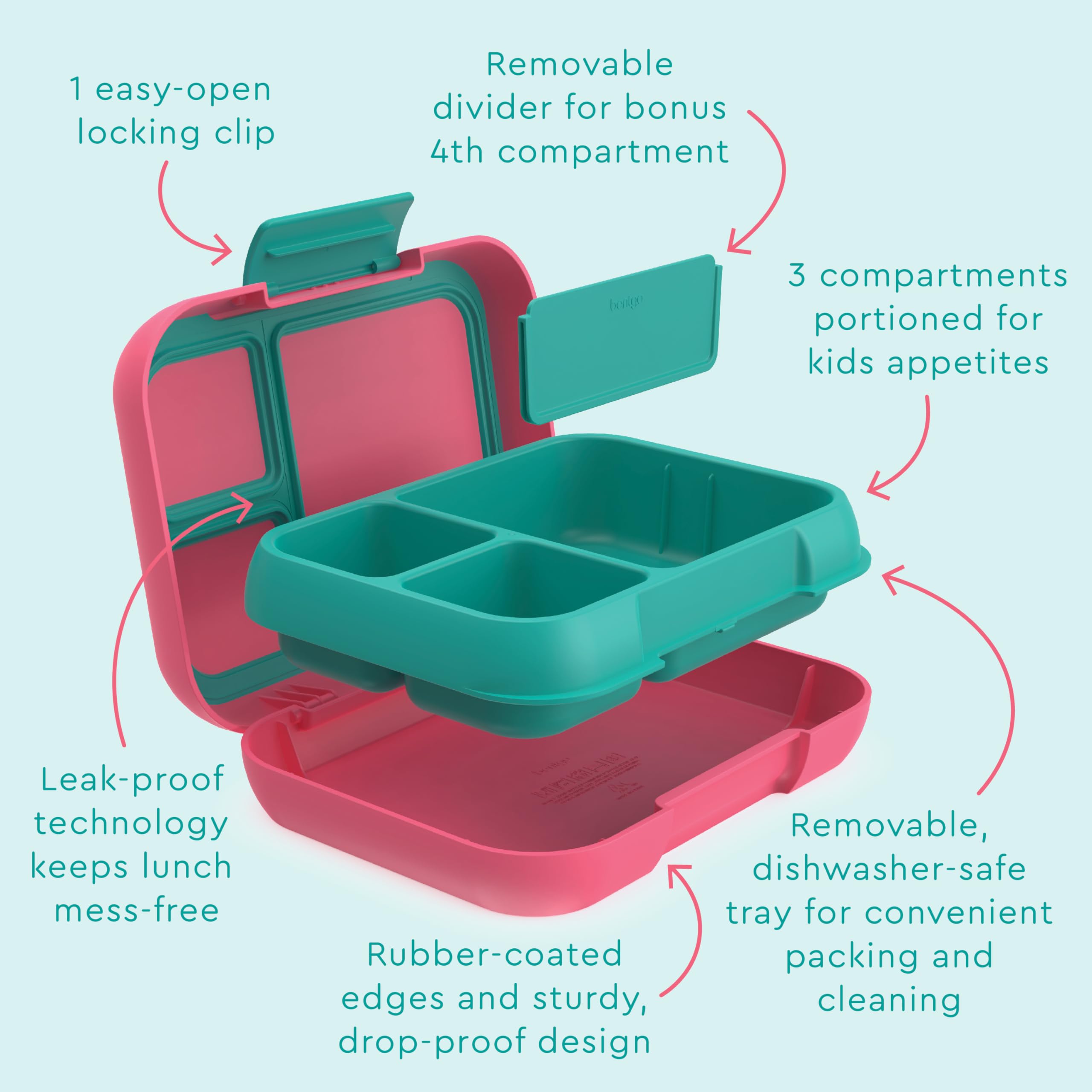 Bentgo Pop - Leak-Proof Lunch Box & Removable Divider for Ages 8+ & Teens - Lunch Container Holds 5 Cups of Food; 3-4 Compartments; Microwave/Dishwasher Safe; 2 Year Warranty (Bright Coral/Teal)