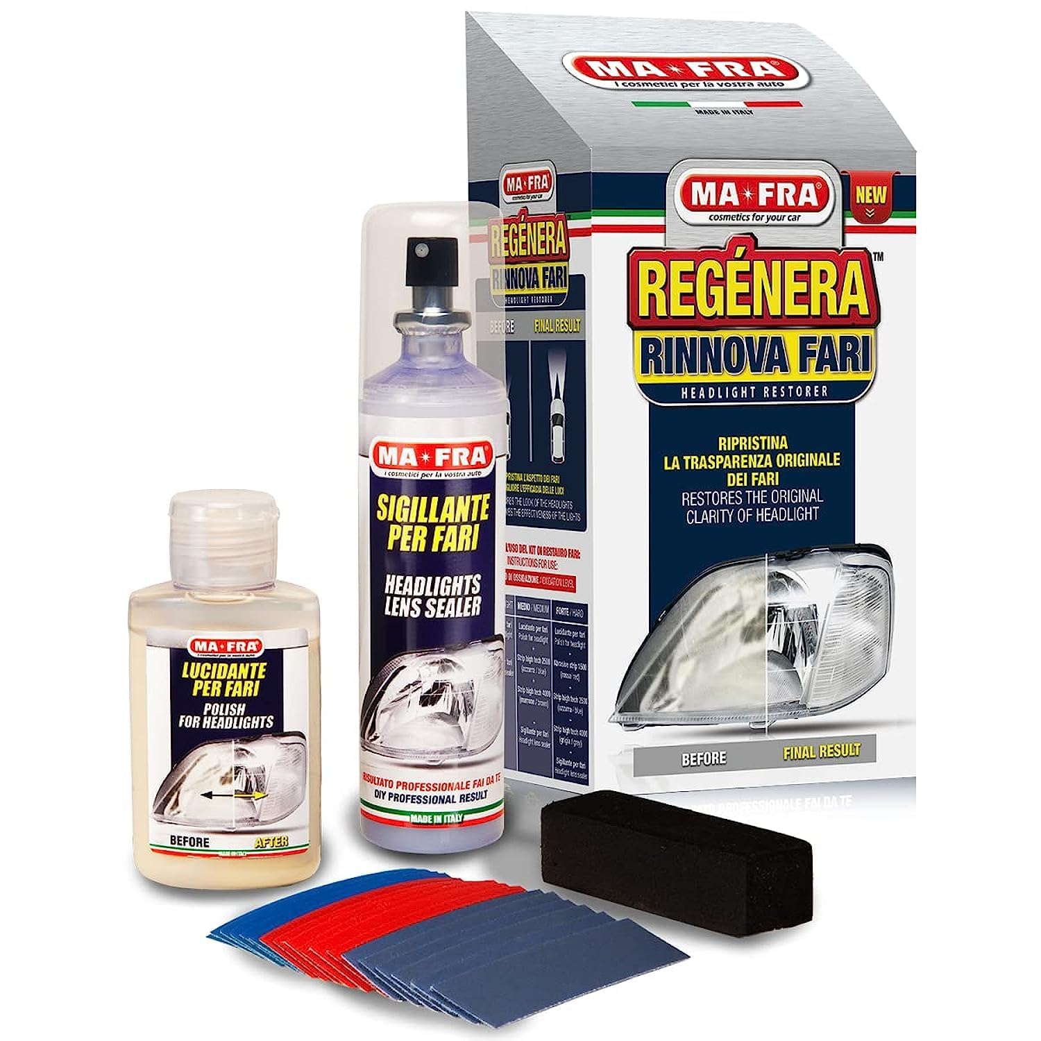 Mafra Car Detailing Headlight Restorer Kit, Contains a Sealant, Polish and Abrasive Papers, Restores the Original Appearance of Car Headlights and Improves the Effectiveness of the Lights