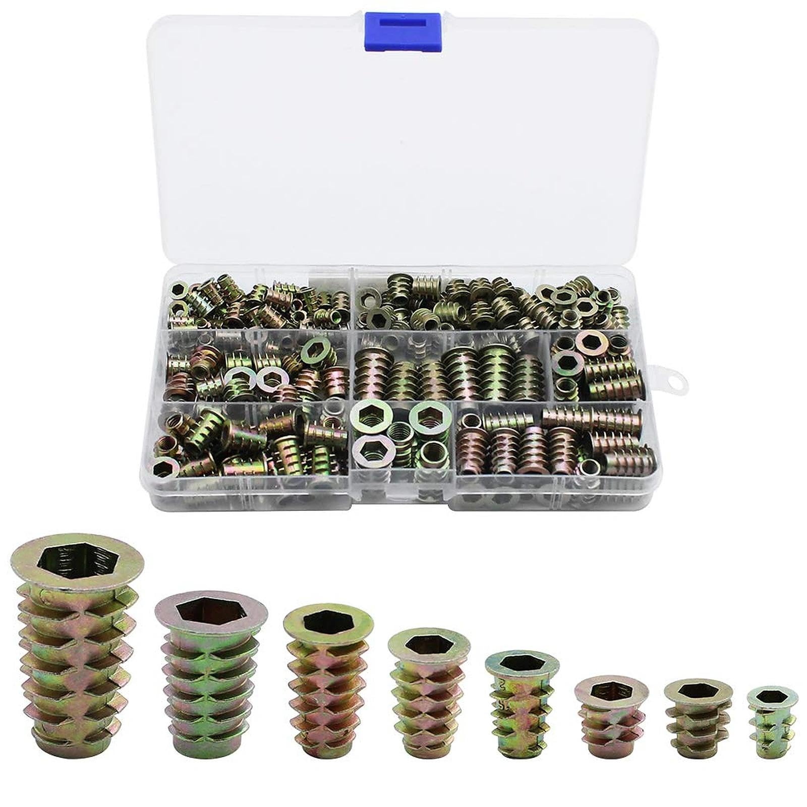 230 Pcs Hex Socket Screw Nut Sets Multiple Specifications Corrosion Resistance Threaded Zinc Alloy Wire Hex Drive Head Nuts for Wood Furniture Insert Assortment Kit
