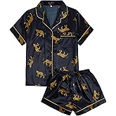 SweatyRocks Women's Short Sleeve Sleepwear Button Down Satin 2 Piece Pajama Set