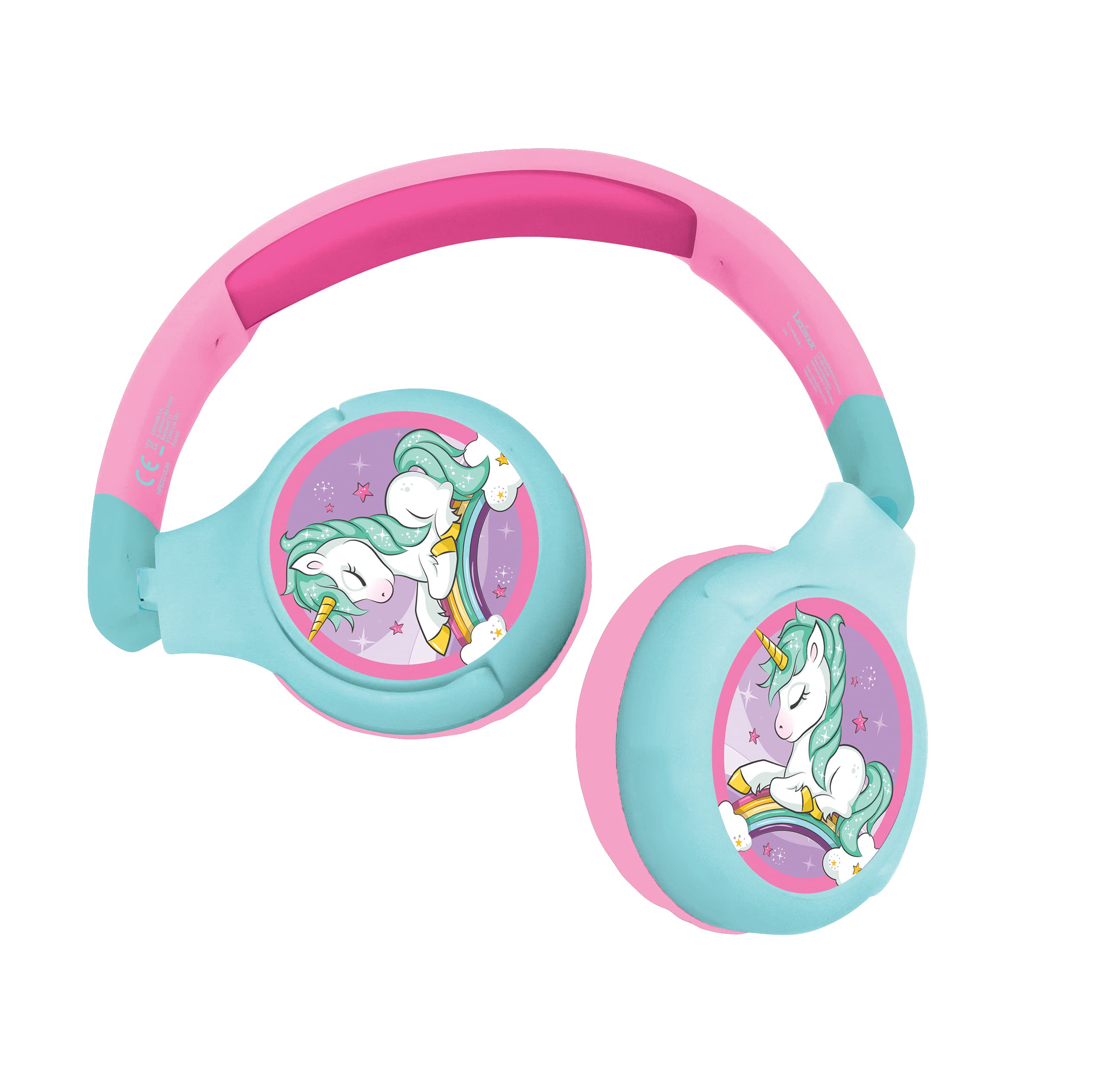 LEXIBOOK Unicorn, 2-in-1 Bluetooth Headphones-Stereo, Wireless, Wired, Foldable, Adjustable, Microphone, Lightweight, Pink/blue, HPBT010UNI