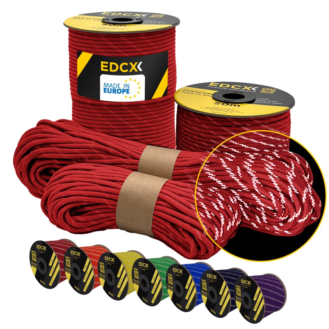 EdcX 4 mm Reflective Paracord 550 (15, 30, 50 m) – Tear-Resistant Parachute Cord for Survival Made of 100% Nylon, 4 mm Type III with 7 Wires (Reflective Red, 30 m) — image 1