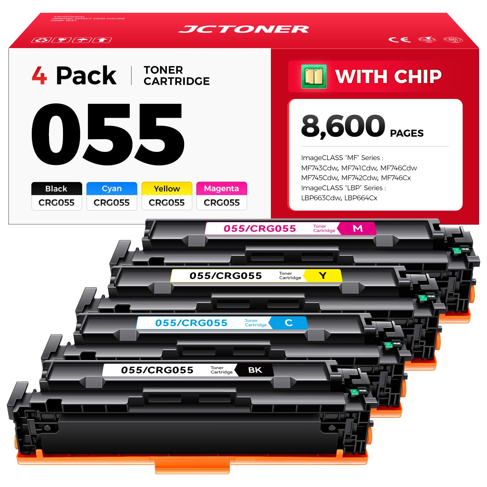 055 Toner Cartridge Set 4-Pack Compatible with Canon 055 CRG-055 055H Toner for Canon Color imageCLASS MF743Cdw MF741Cdw MF745Cdw MF746Cdw LBP664Cdw Printer Ink MF743 MF741 (Black Cyan Yellow Magenta) Image