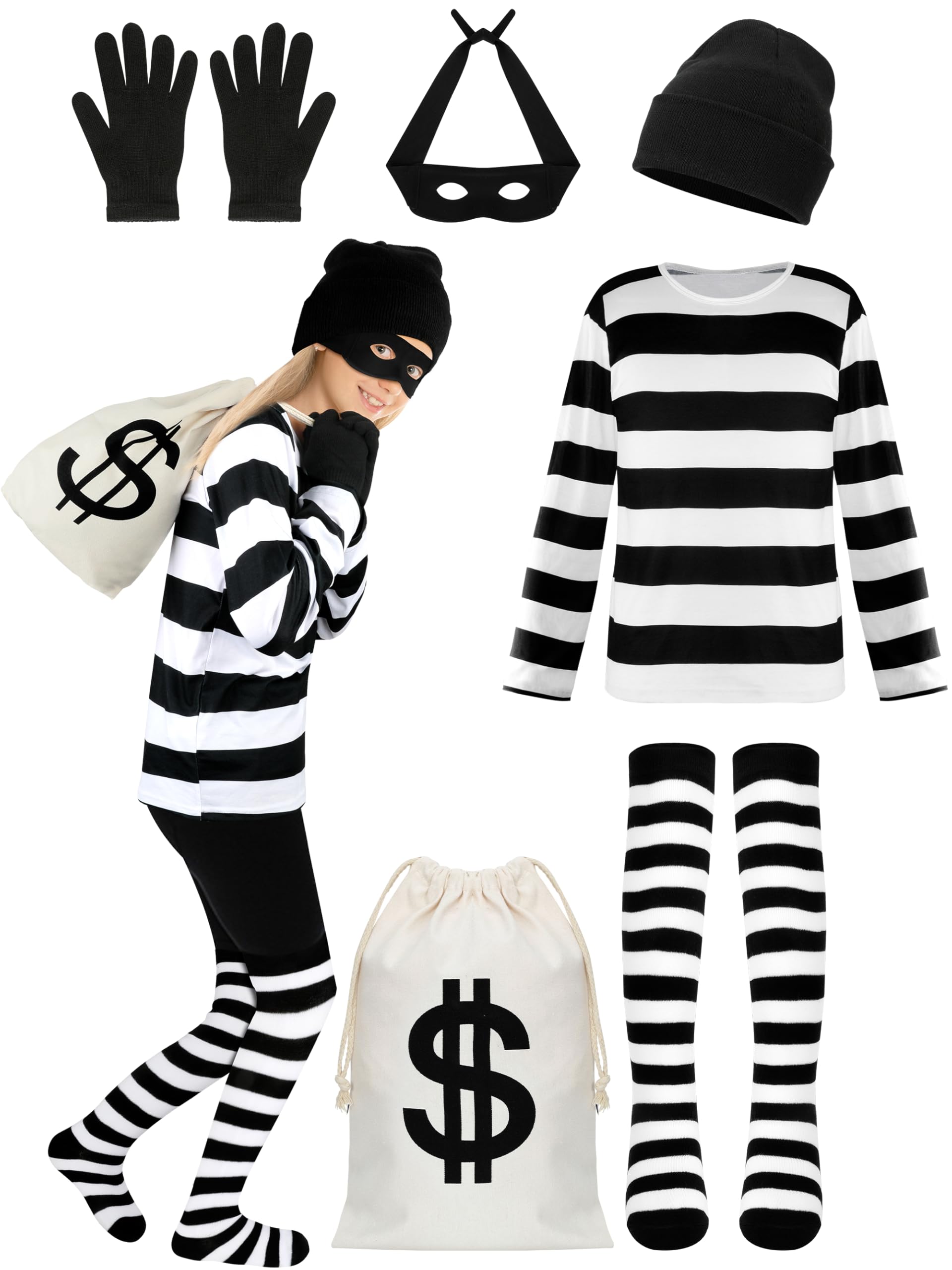 Photo 1 of ***It needs to be washed.***QZYL Kids Robber Cosplay Set, L Black and White Striped Shirt Beanie Cap Bag Mask Socks Set for Halloween Cosplay Burglar