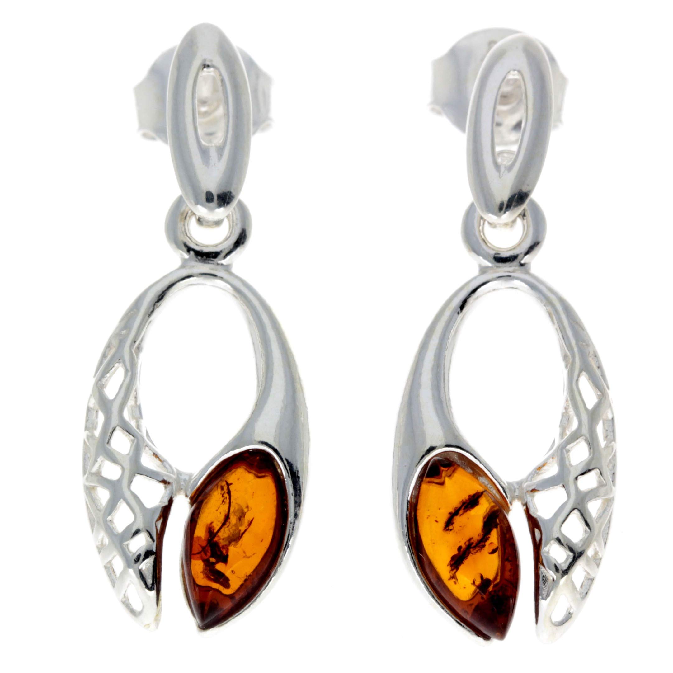 Genuine Natural Cognac Baltic Amber and 925 Sterling Silver Celtic Drop Studs Earrings GL179C