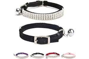 BINGPET Diamond Cat Collar, Adjustable Soft Velvet Leather Safe Kitten Collar with Shiny Rhinestones and Bells, Girl Boy Bling Stylish Cat Collars with Safety Elastic for Small Medium Cats,Black