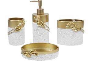 Hymmah Bathroom Accessories Set,Golden Design Toothbrush Holder,Farmhouse Bathroom Decor,4 Pcs Resin Gift Set Apartment Necessities, Contain Toothbrush Cup,Soap Dispenser,Soap Dish,Tumbler