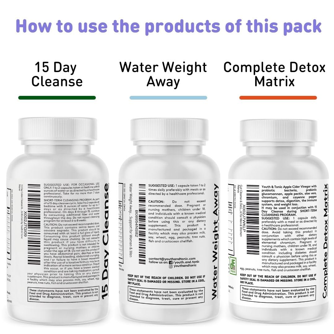 3pk Detox Cleanse Kick Off Weight Management | Colon Cleanser + Water Loss Pills w Dandelion + ACV Full Body Detox + Probiotics | for Flat Stomach, Waistline, Metabolism, Bloating – 90 Pills