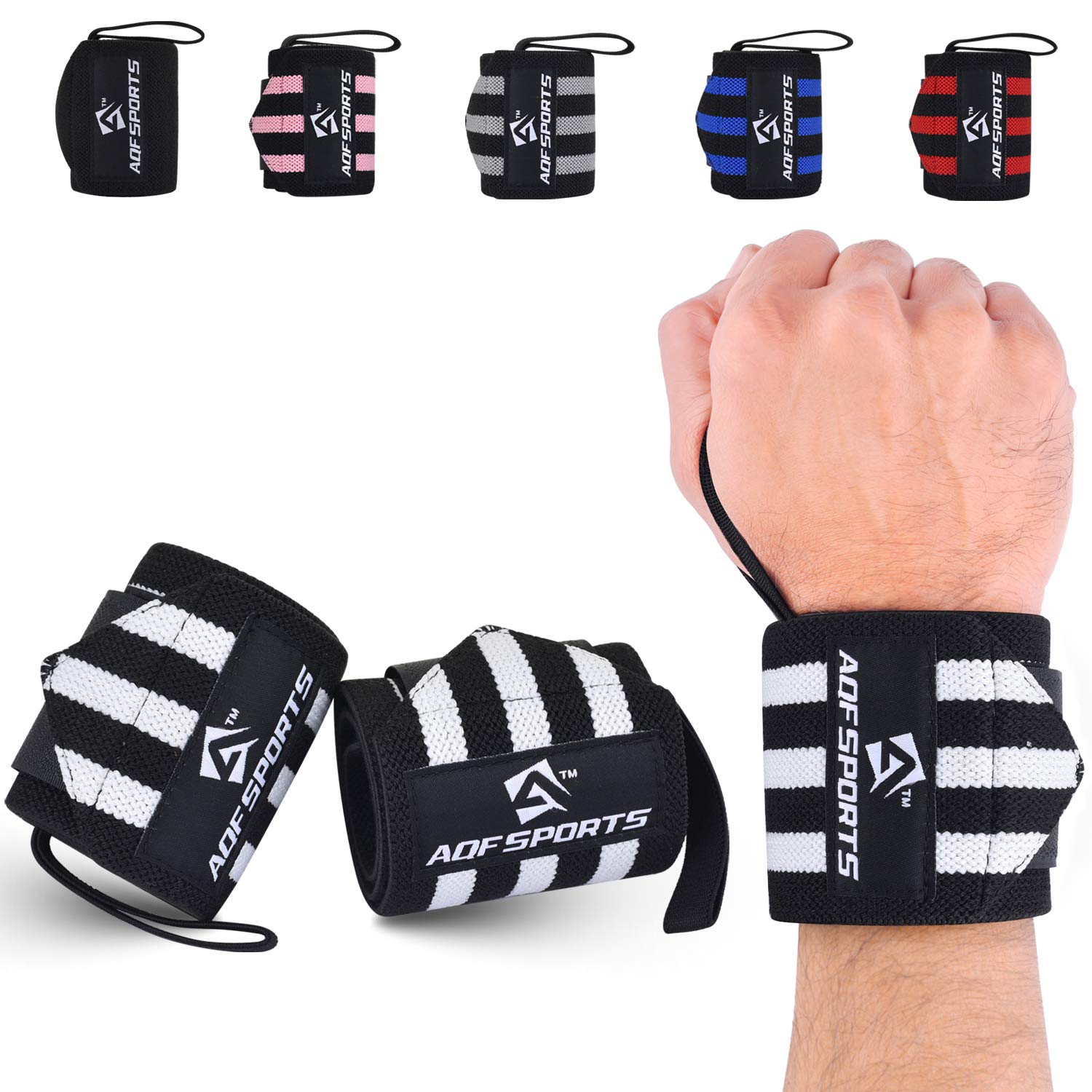 AQF 18” Wrist Wraps Supports Heavy Duty Weightlifting Gym Training Fist Straps with Thumb Loop (White & Black)
