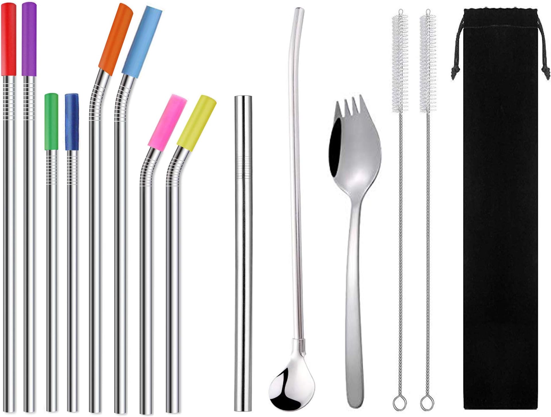 Eskyhouse 14 Pieces Stainless Steel Flatware Set, Fork Spoon Straws Set, Travel Camping Cutlery Set with Pouch Case, Reusable Stainless Steel Metal Drink Straw, Portable Travel Silverware Set 1 Pouch