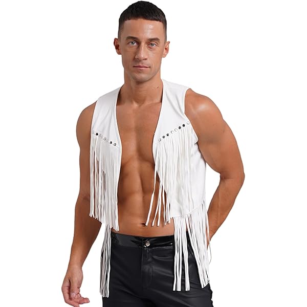 Jugaoge Men Fringe Vest Studded Detail Open Front 70s Hippie