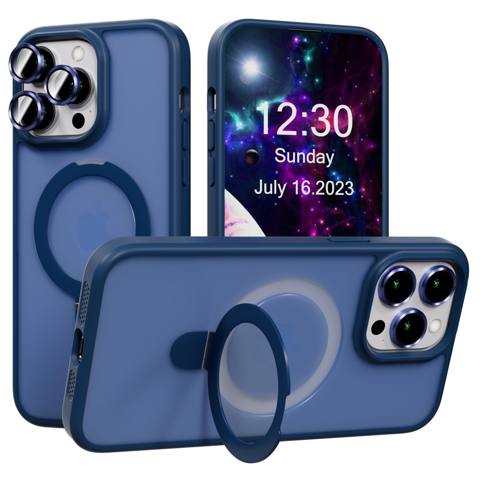 AKABEILA Case for iPhone 11 Pro Max Case with 3 Pcs Camera Lens Protector Frosted Matte Phone Case Cover Wireless Charging Magnetic Ring Stand 6.5 Inch Blue — image 1
