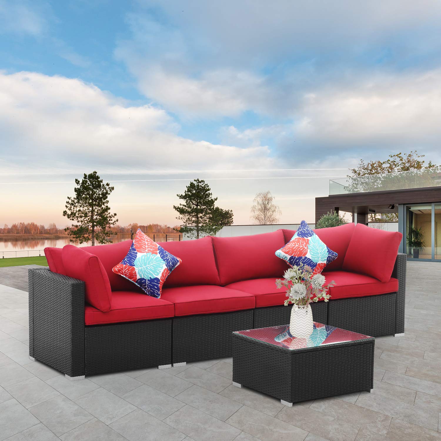 Diophros 5 Pieces Patio Furniture Sets, Outdoor All-Weather Sectional Sofa, Weaving Wicker Rattan Patio Conversation Set with Cushions & Glass Coffee Table (Wine Red)